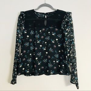 Zara Sheer L/S Blk/Floral Print Blouse; NWOT!